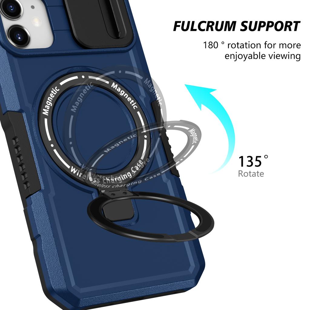 For iPhone 11 Case Invisible Magnetic Kickstand PC+TPU Phone Shell Built-in Sliding Lens Cover