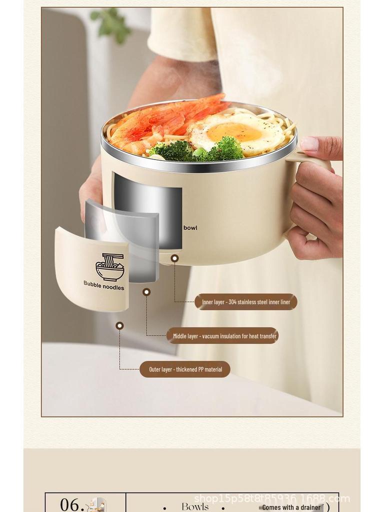 304 Stainless Steel Noodle Bowl with Lid: Large Capacity, Water-Draining for Dorm, Office, or Canteen