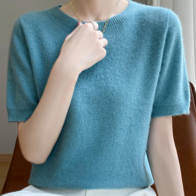 

Тонкий свитер Женская футболка с коротким рукавом Вязаный свитер Женский Весенне-летний Простой Свободный Пуловер Круглый вырез Вязаный топ с коротким рукавом one size синий