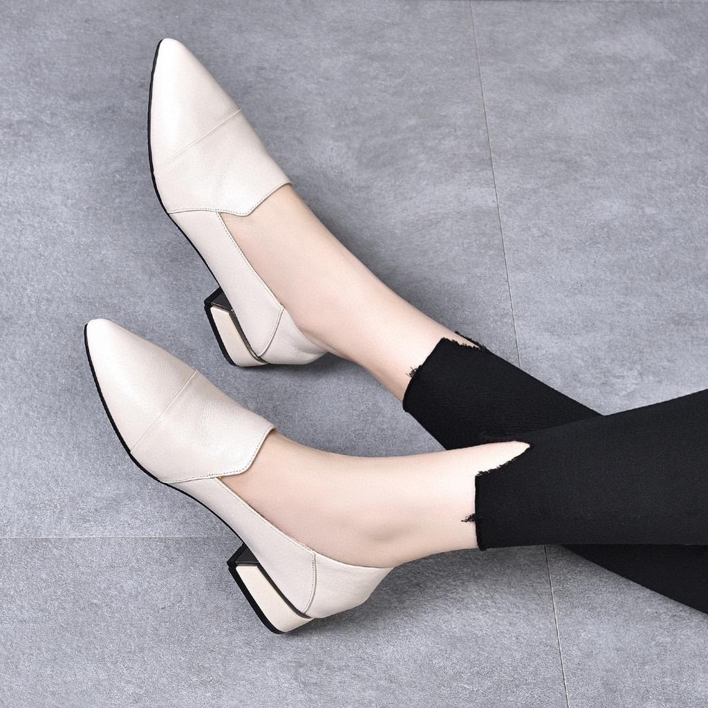 High heels women's spring new comfortable cowhide pointed thick heel medium heel work shoes one shoe two wear low-top shoes