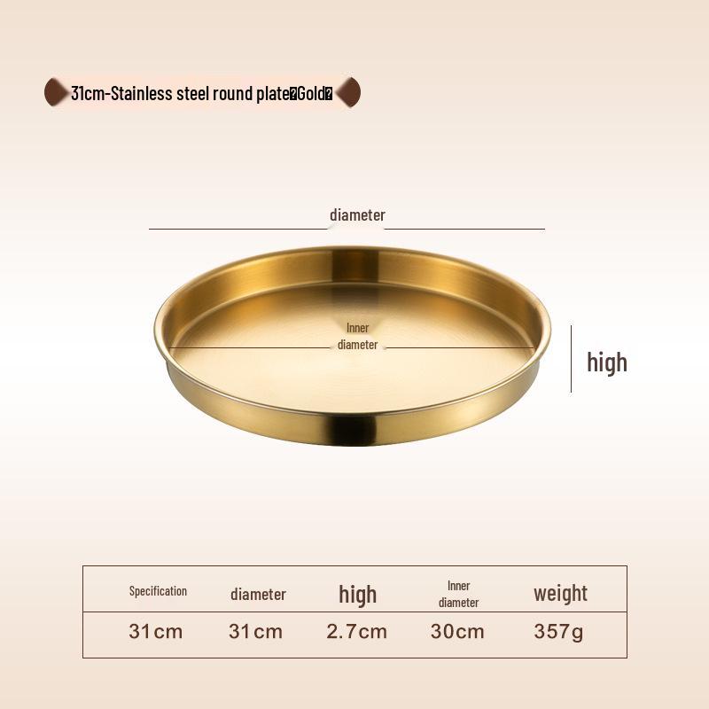 Korean Style Stainless Steel Round Golden Tray for Cold Noodles, Rice, or Steaming – Thickened Flat Bottom Plate
