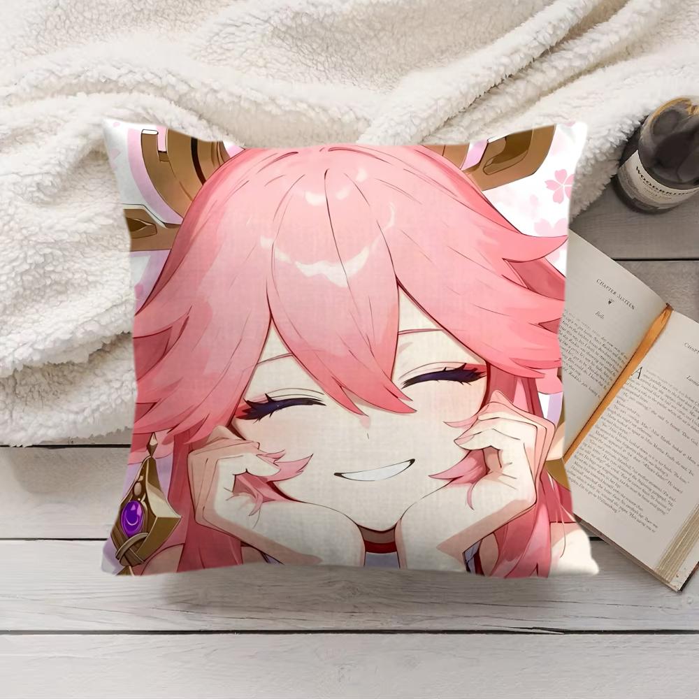 Yae Miko Genshin Impact Cushion Cover Silky Short Plush Invisible Zipper Dustproof Sofa Pillow Case For Home Decor