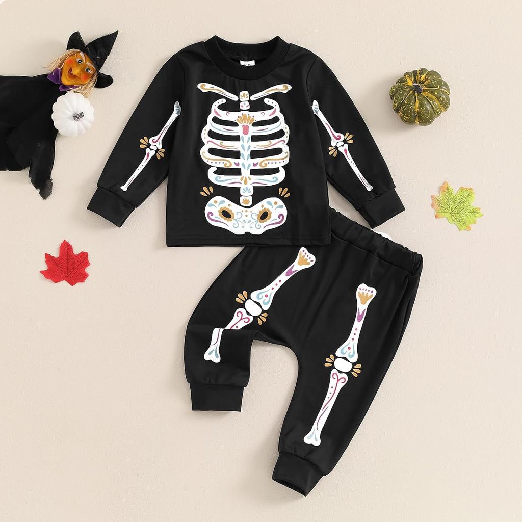 Toddler Boy Skeleton Outfits Crew Neck Long Sleeve Pullover Sweatshirt Pants Baby Infant Halloween Outfits