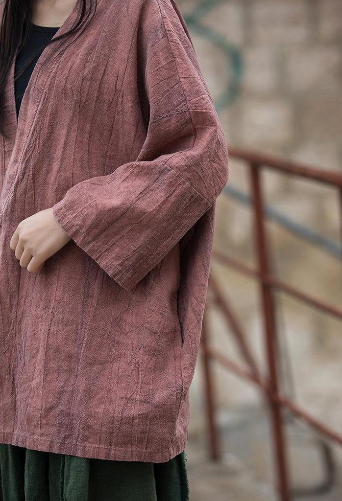 Women's Zen-Style Tie-Dye Pleated Cotton Linen Jacket with Lace-Up Oblique Lapel