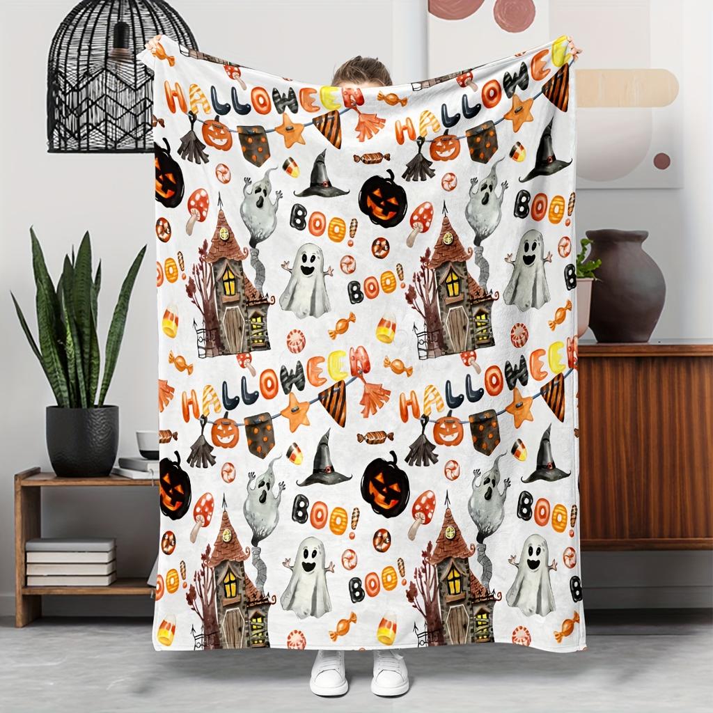 1pc Halloween themed candy ghost pumpkin pattern blanket, polyester fabric, machine washable, suitable for bedroom living room