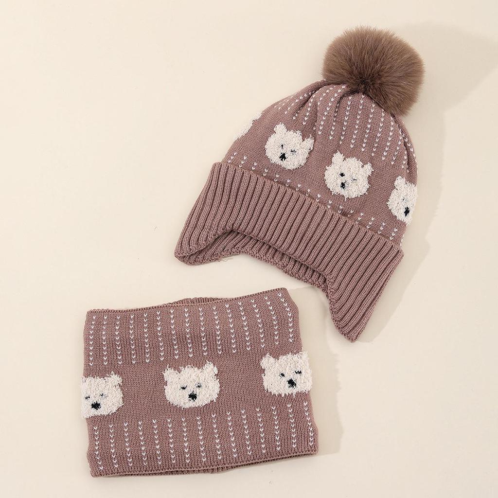 Cartoon Dog Plush Knit Hat & Scarf Set - Fleece-Lined with Warm Ear Protection and Pom Pom