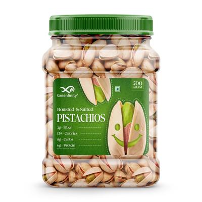 GreenFinity Fresh Whole Roasted Salted Pistachios | Salted Pista With Shell - Jar Pack - 500 Gram
