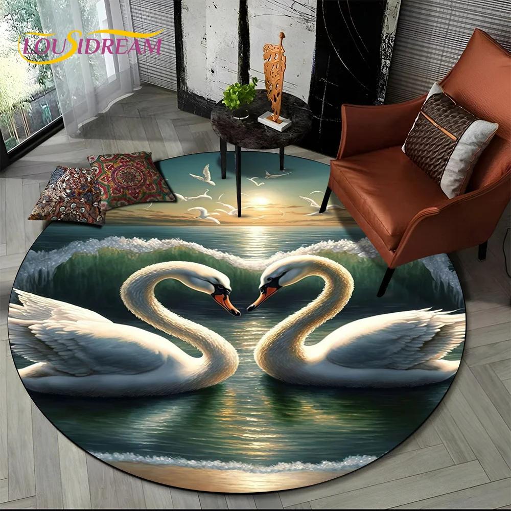 3D Dream Love Swan Cartoon Cygnus Girl Gift Round Carpet Rug for Living Room Bedroom Child Decor,Pet Area Rug Non-slip Floor Mat