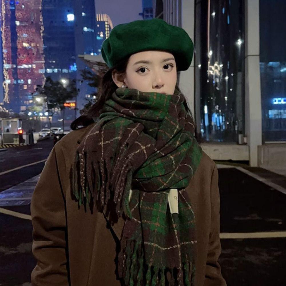 Large Plaid Scarf Thicken Tassel Shawl Simple Cashmere Scarves  New Year