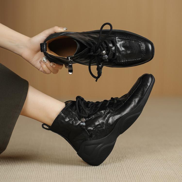 Leather Martin boots women's slope heel lace-up casual boots 2025 autumn and winter models square head side zipper hand grab versatile short boots