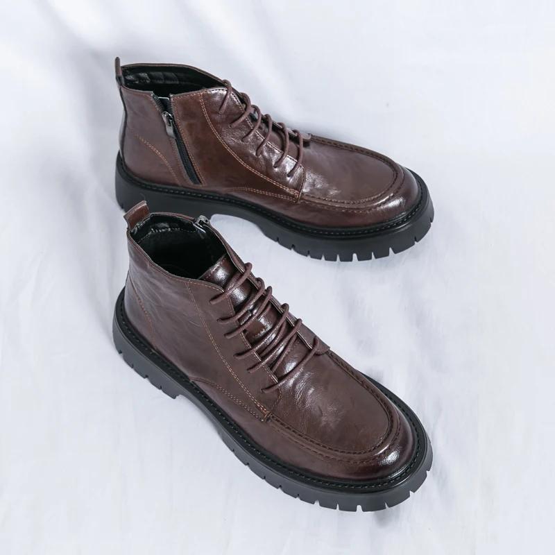 Moda Moda Zapatos Casuales de Cuero Genuino para Hombre Zapatos Clásicos para el Aire Libre y el Trabajo Botas de Motocicleta para Hombre Guapos Aumento de Altura