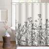 Duschdraperi blommig kant örter och vildblommor växter vintage gravyr ljusgrå bakgrund svart polyestertyg