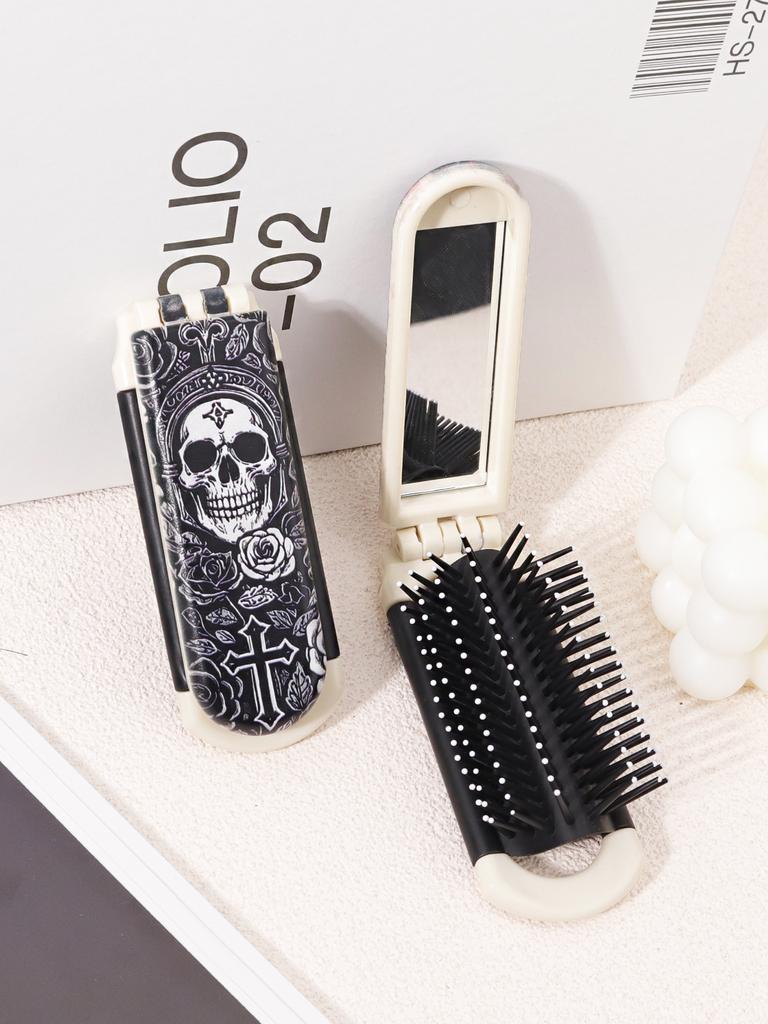1pc Skeleton Flower Cross Pattern Folding Haircomb with Built in Mirror for Gentle Combing and Styling
