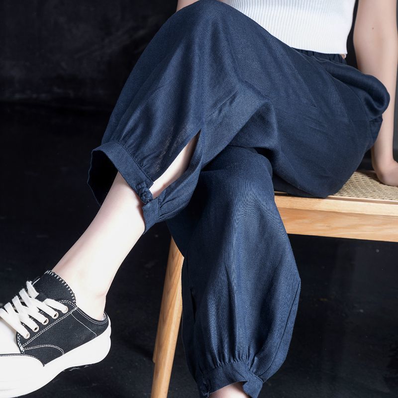 Navy Blue Linen Pants Women s Summer Thin Ice Silk Cotton and Linen Women s Pants High Waist Nine-point Harem Pants Loose Bloomers XS