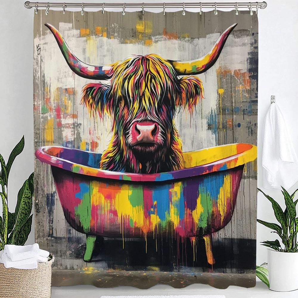 Colorful Abstract Graffiti Creative Highland Cow Print Waterproof Shower Curtain Partition Privacy Hanging Curtain with Hooks