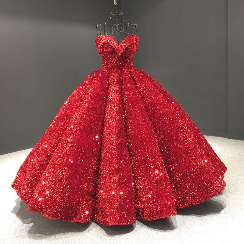 Dreamy Sequined Orange Bridal Toasting Dress with Puffy Skirt XL