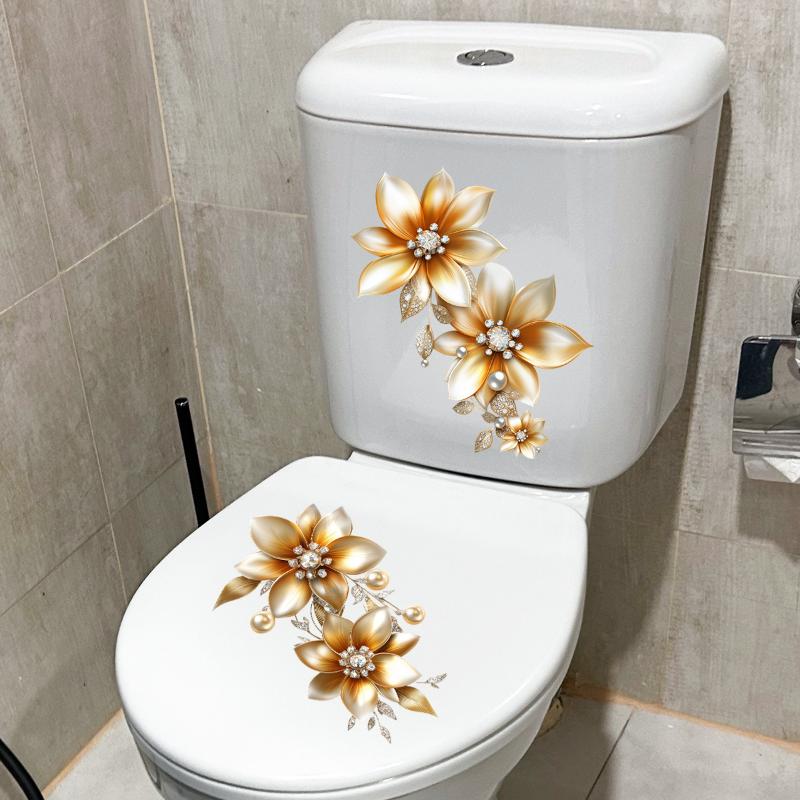 Kreativer Lichtluxus Goldene Blume Wasserdichter Toilettenaufkleber Badezimmer Wand Hintergrund Aufkleber Heimdekoration Selbstklebender Aufkleber