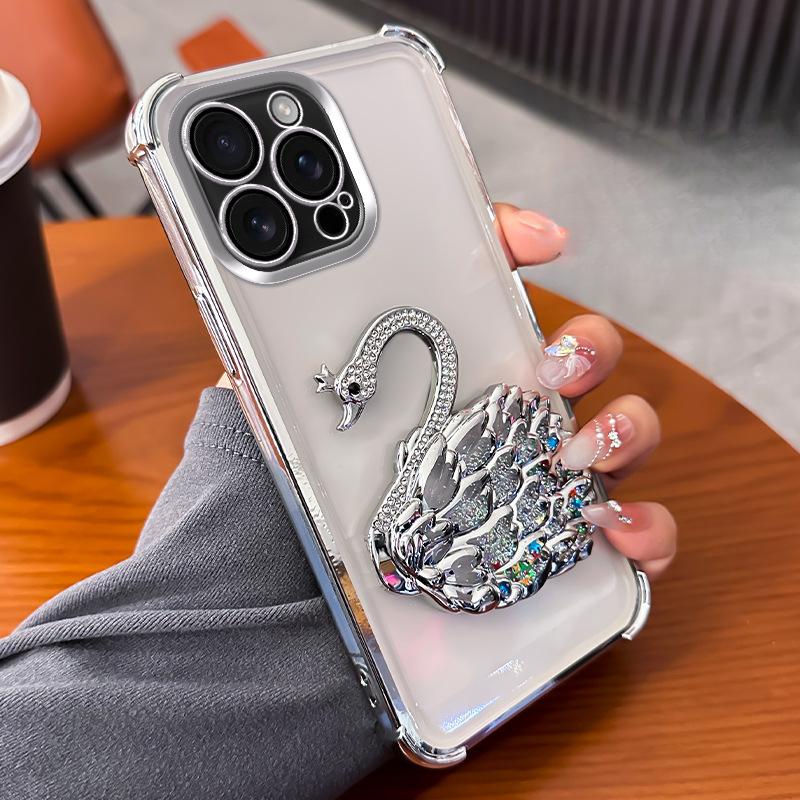 

Suitable for IPhone16, Diamond-encrusted Swan Stand, Apple 15, Electroplated Four-corner Airbags, Anti-drop 14proMax iPhone7P/8P