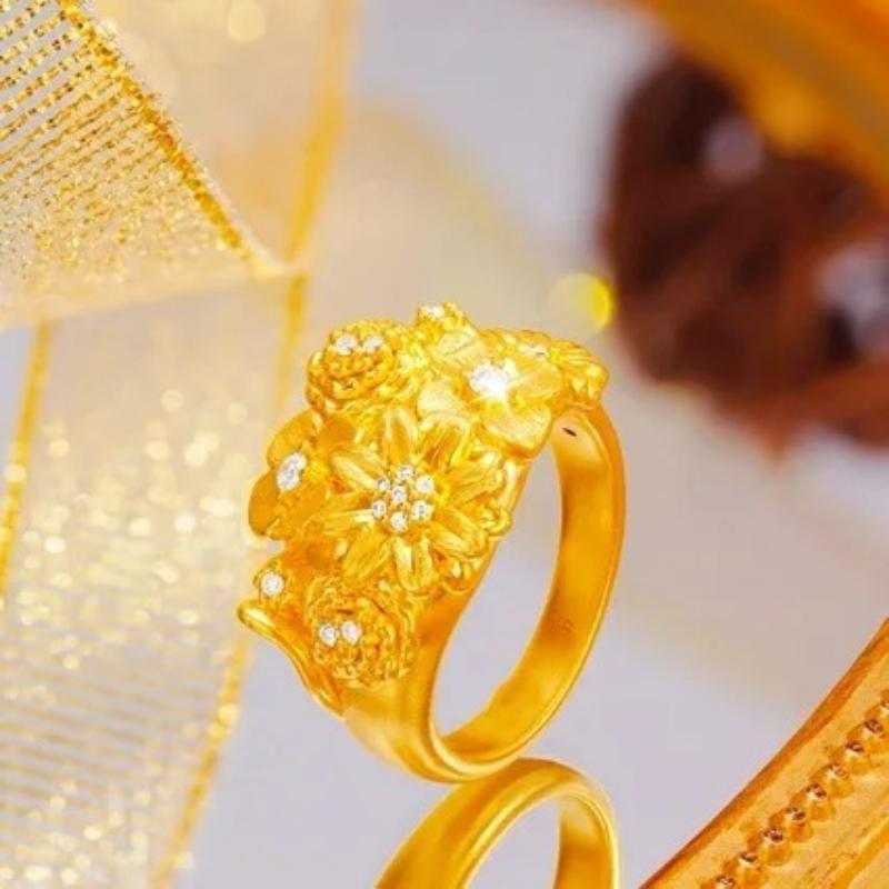 Women s Gold Adjustable Zircon Flower Ring Distressed Petal-texture, Rustic Elegance for Everyday Refinement. resizable
