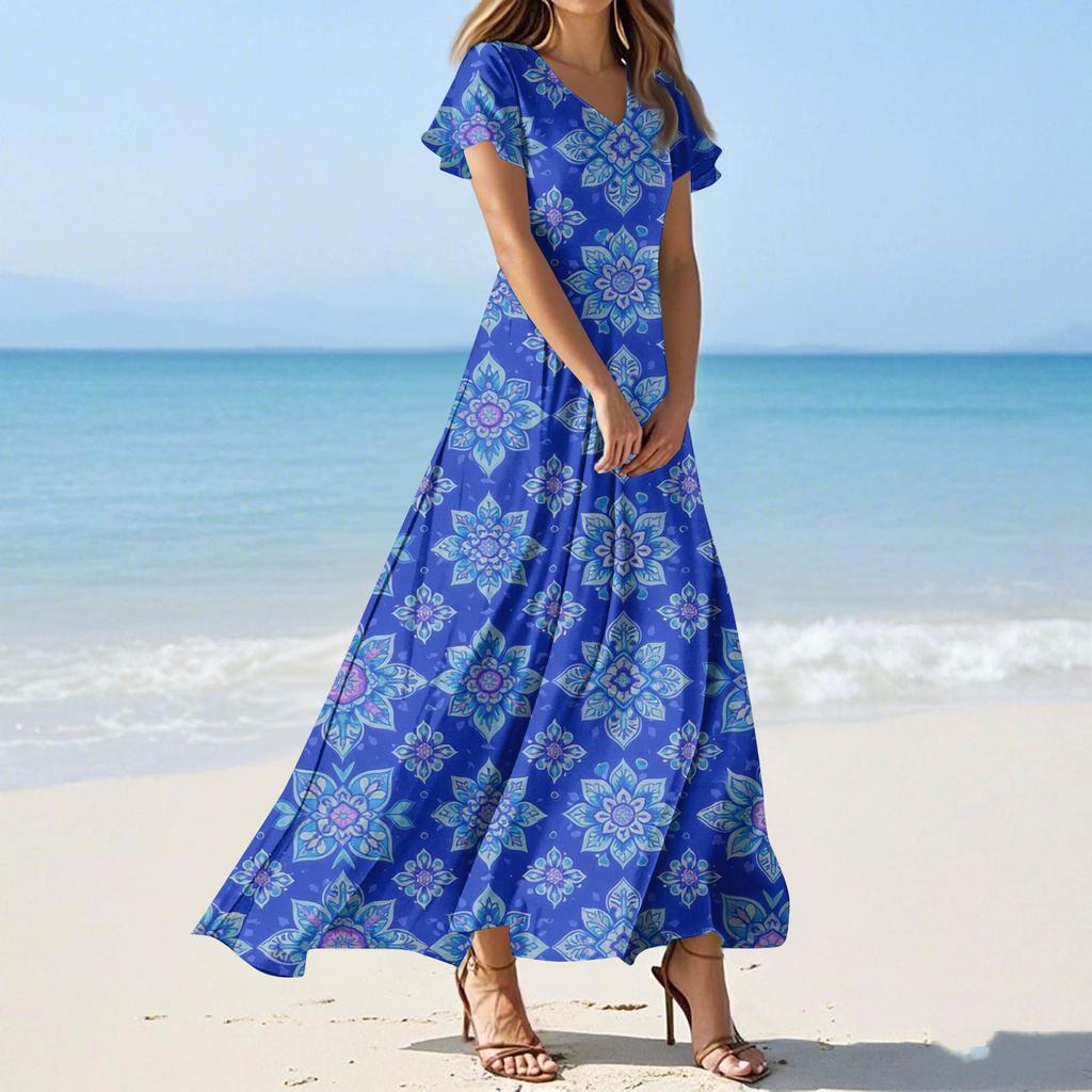 Vestidos casuales de verano para mujer, con estampados de colores y cuello en V y manga corta