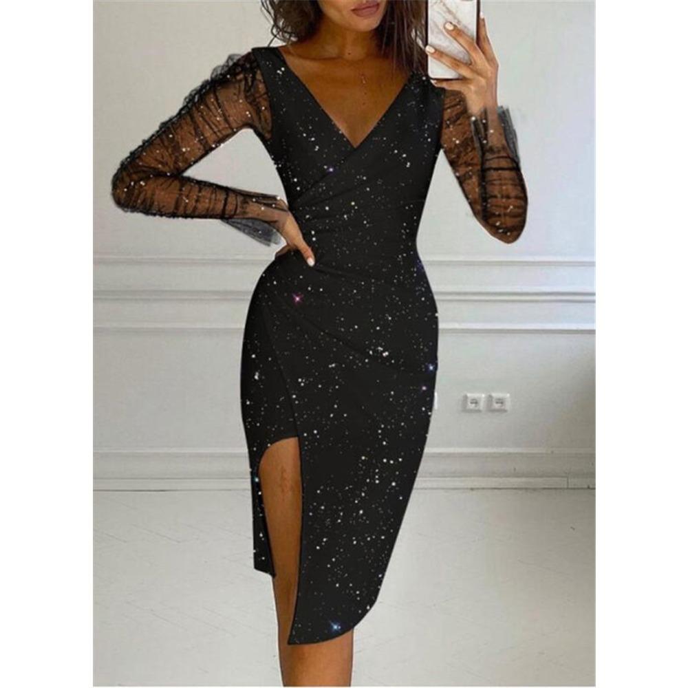 Women's V Neck Mesh Long Sleeve Glitter Bodycon Midi Dress Sexy High Slit Evening Party Cocktail Dresses
