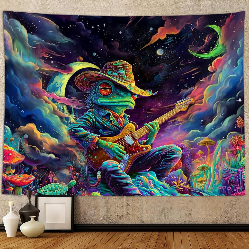 Funny Space Frog Mushroom Tapestry for Men Guys Bedroom Cool Trippy Universe Planet Ocean Art Tapestries Wall Hanging College