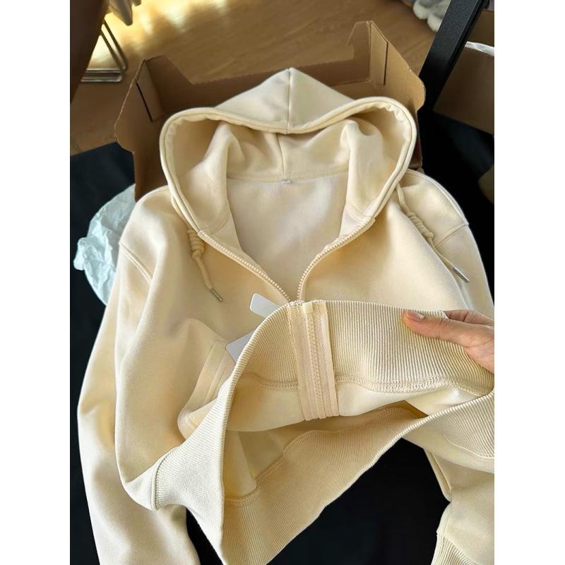 Korean Style Women's Hooded White Sweater Jacket with Zipper Cardigan