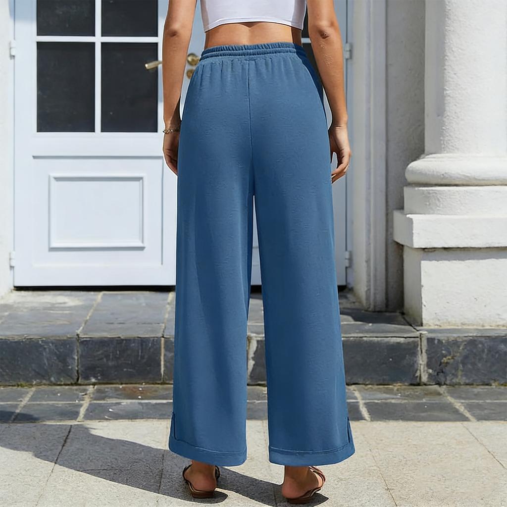 Women's Loose Comfortable Casual Fashion Color Elastic Waist Belted Pockets Loose Pants