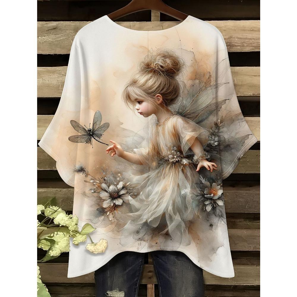 Elf women's large-size short-sleeved T-shirt, irregular hem design, digital printing four-season T-shirt