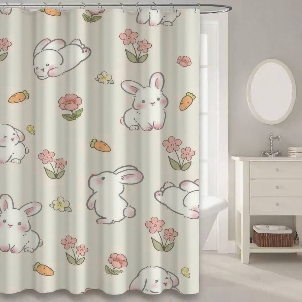 Cute Rabbit With Carrot Shower Curtain, Bathroom Decorative Shower Curtain, Waterproof Shower Curtain With Hooks