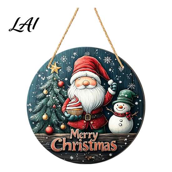 Retro Festive Home Decor Christmas Wooden Round Hanging Sign Santa Claus Highland Cow Winter Theme Rustic Wall Door Decor Farmhouse Holiday Welcome