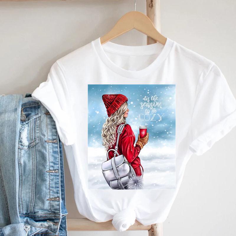 Cartoon Rudolph Reindeer Snowflake Print T Shirt Women Merry Christmas Holiday Short Sleeve Top