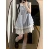 Sweet little fly sleeves blue dress women's summer milk sweet sister cute short skirt lace splicing Japanese cake skirt