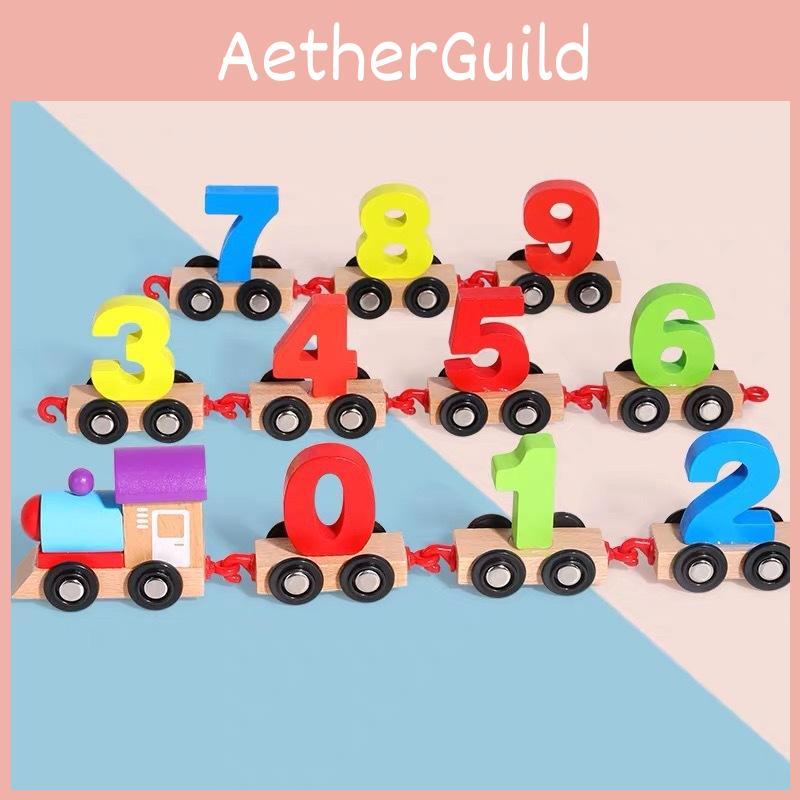 Wooden Pull Along Number Train Toy Kids Early Educational Blocks Counting