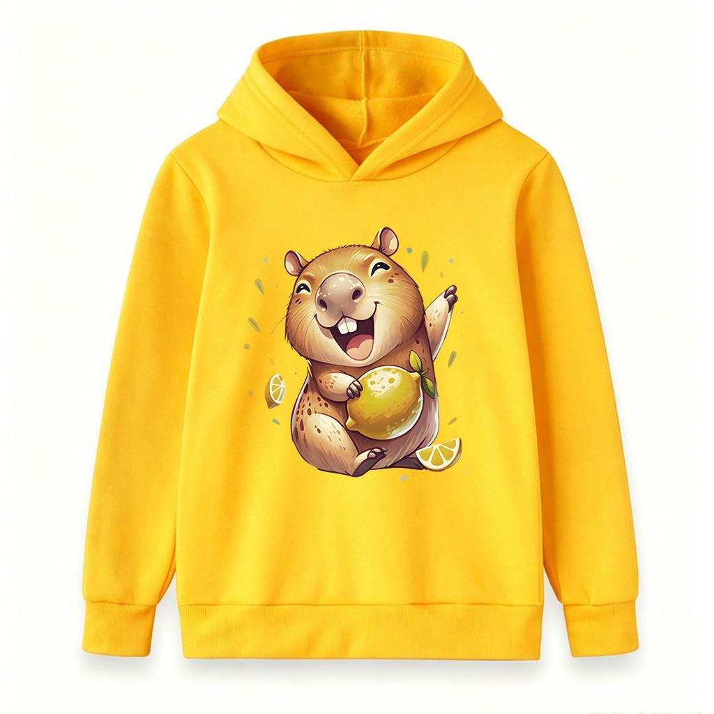 Kids Boys Girls Hooded Sweatshirt, Cute Happy Capybara Holding Lemon Print Pullover Hoodie, Soft Casual Long Sleeve Top for Children Daily Wear