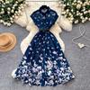 Summer Turn Down Collared Short-Sleeve Midi Dress Women's Elegant Butterfly Print Rangle Sleeve Slim Shirt Dress