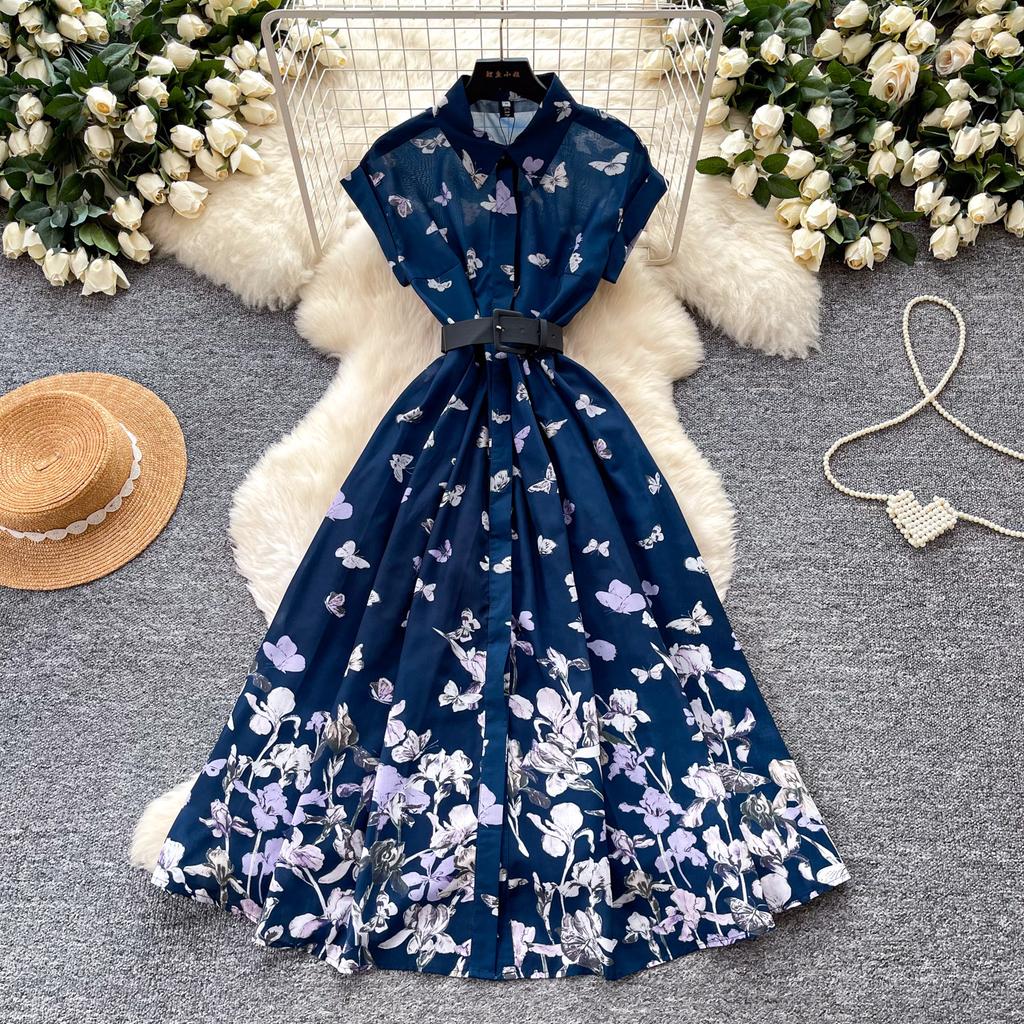 Summer Turn Down Collared Short-Sleeve Midi Dress Women's Elegant Butterfly Print Rangle Sleeve Slim Shirt Dress