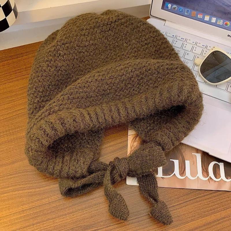 Korean Hood Scarf Balaclava Hat Ear Protection Warm Bomber Hats Women Retro Strap Bow Beanies Winter Accessories Knitted Law Hat