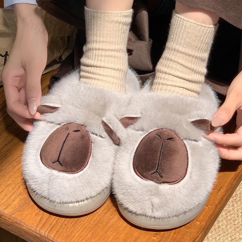 Fashion Capybara Women Cotton Slippers Cartoon Couple Non-Slip Warm Indoor Home Slippers Plush Fluffy Winter Comfortable Floor Slippers