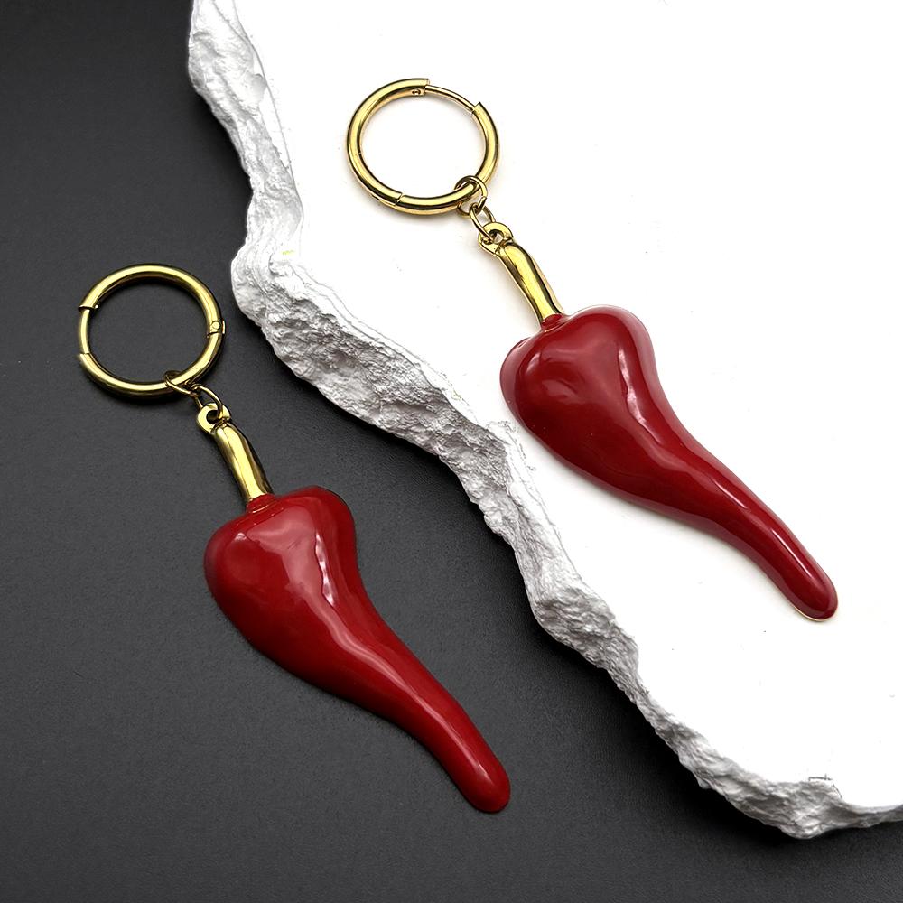 Red Cute Chill Pepper Earrings For Women Men Stainless Steel Enamel Gold Color Fashion Y2K Dangle Drop Ear Jewelry Accessory