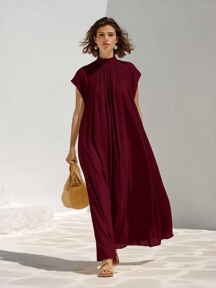 European and American women's simple gas texture super short-sleeved spring and summer thin long French pleated dress