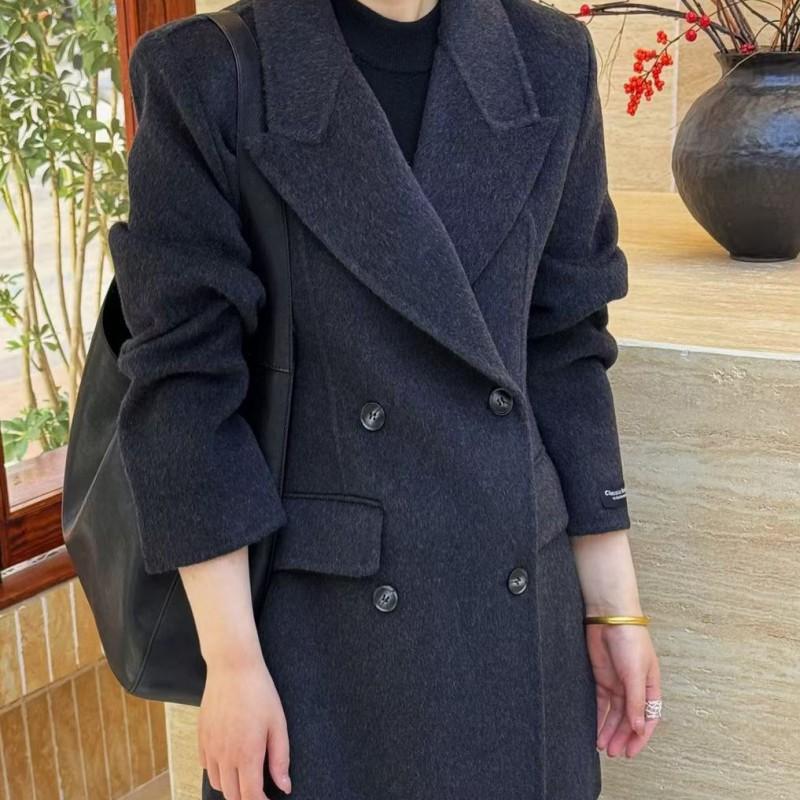 Womens Wool Blend Double-Sided Tailored Coat Mid-Length Single-Breasted Slim Fit Korean Style Winter Outerwear