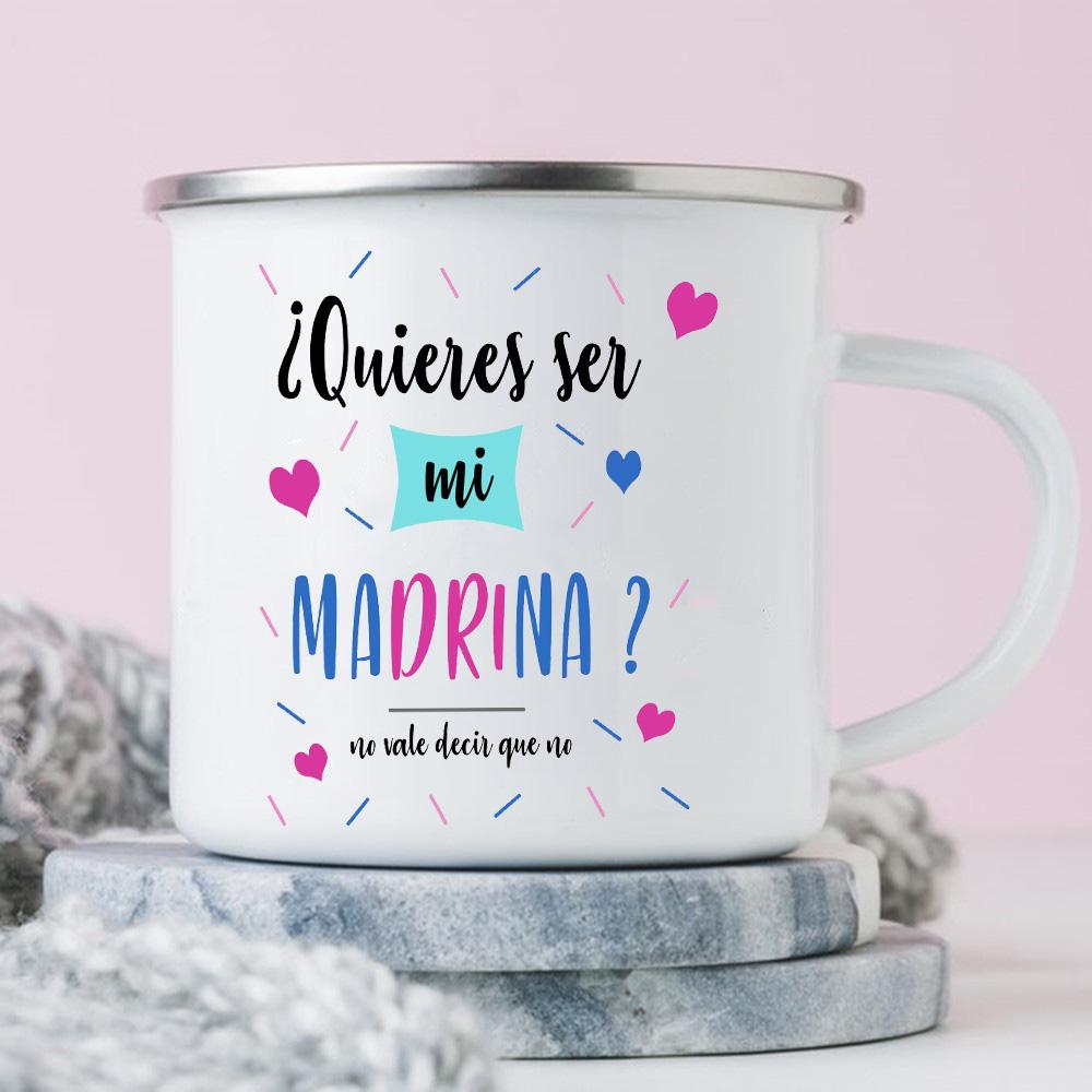 Möchtest du meine Patentante sein? Bedruckte Emaille-Tasse für Getränke, Milch, Kaffee. Antrag auf Patenamt. Retro-Tassen. Beste Idee Geschenke für Madrina