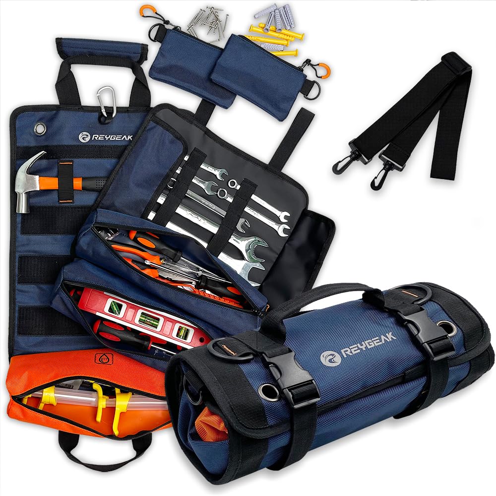 

Сумка для инструментов REYGEAK, многофункциональная сумка для хранения инструментов, 4 съемных инструмента, 1 гаечный ключ, 1 сумка для хранения инструментов, большая вместимость для кемпинга и домашнего инструмента