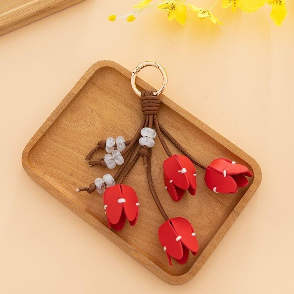 Fashion Multi-color Bag Pendant PU Leather Handmade Flower Key Chain Tulip Flower Keychain Bag Decoration