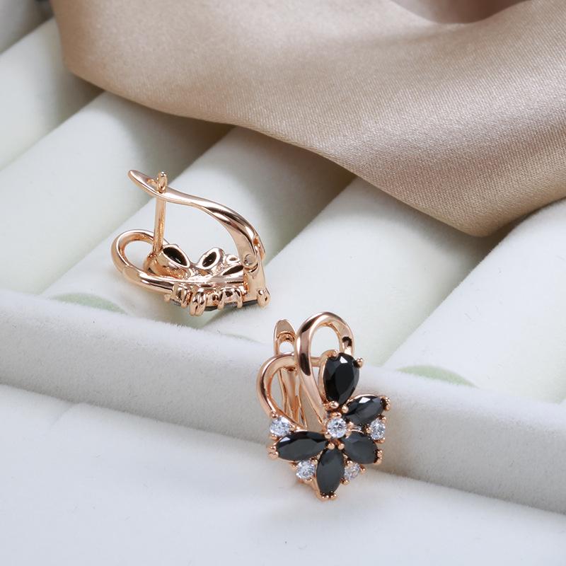 Black Zircon Flower Earrings: Korean 585 Rose Gold Ear Clips, Trendy Cold Style for Women