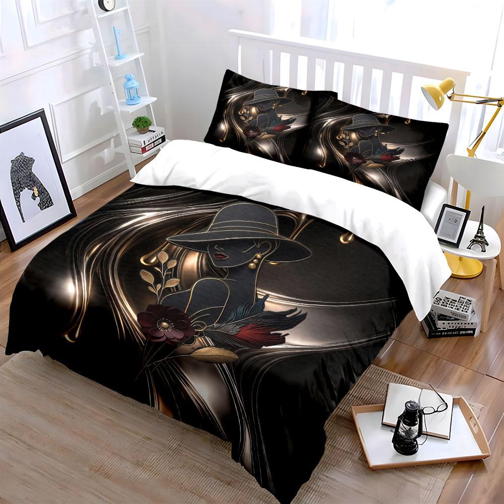 Elegant Lady with Floral Art Bedding Duvet Cover Set Duvet Cover Pillowcases (1*Duvet Cover 2*Pillowcases, Without Duvet Insert)