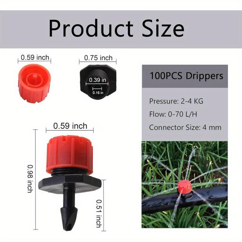 100 peças Kalolary Aspersores Ajustáveis para Irrigação por Gotejamento de 1/4 de Polegada - Emissores Drippers Anti-Entupimento de 4/7mm, Cor Vermelha e Preta Codificada por Cores f
