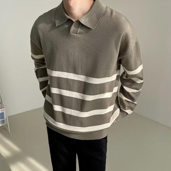 Podzim Zima Pánský Svetr Colorblock Pruhovaný Límec na Zapínání Pletený Volný Dlouhý Rukáv Volný Pulovr Pletenina Anglický Styl Školní Svetr