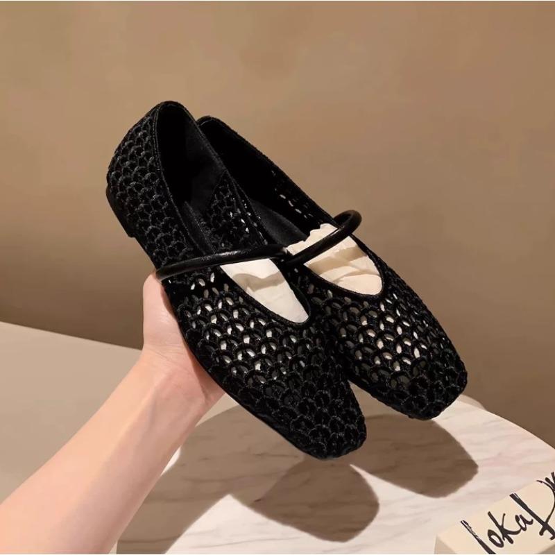 Summer Wear Round Toe Casual and Comfortable Women's Flats Cut-out Mary Jane Single Shoes Vintage Woven Mesh Shoes Female